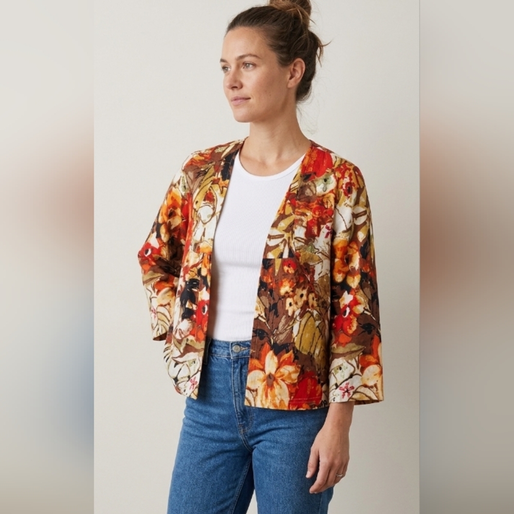 NWOT Choices 100% Linen Floral Lightweight Jacket Blazer 3/4 Sleeve size L